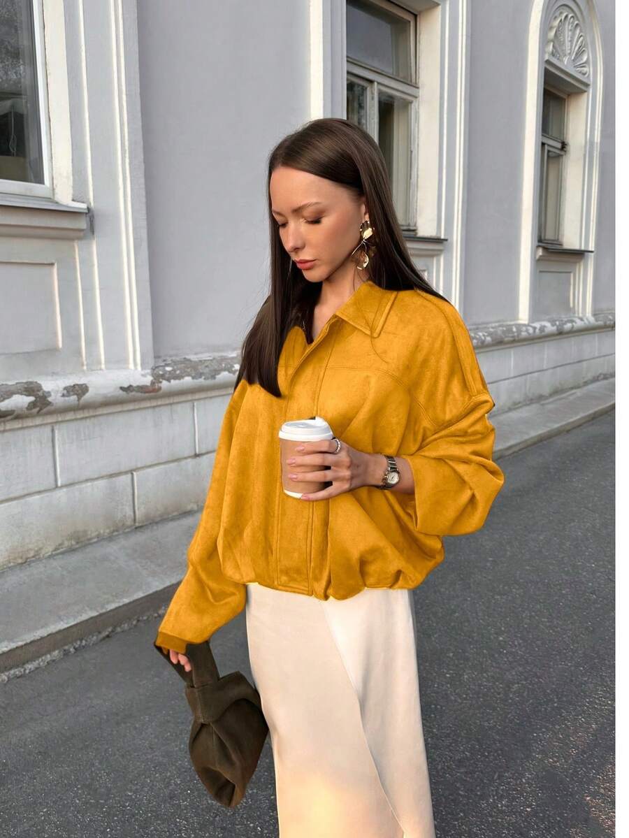 Dámská volná vintage bunda – klasický límec, dlouhý rukáv, podzimní styl