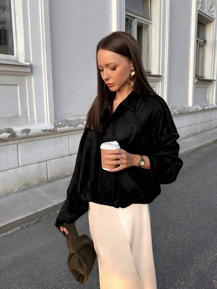 Dámská volná vintage bunda – klasický límec, dlouhý rukáv, podzimní styl