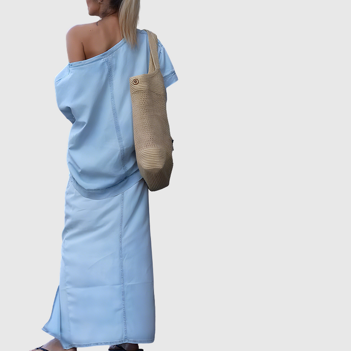 Venise | Dámský top s asymetrickými rameny a rozparkovou džínovou maxi sukní