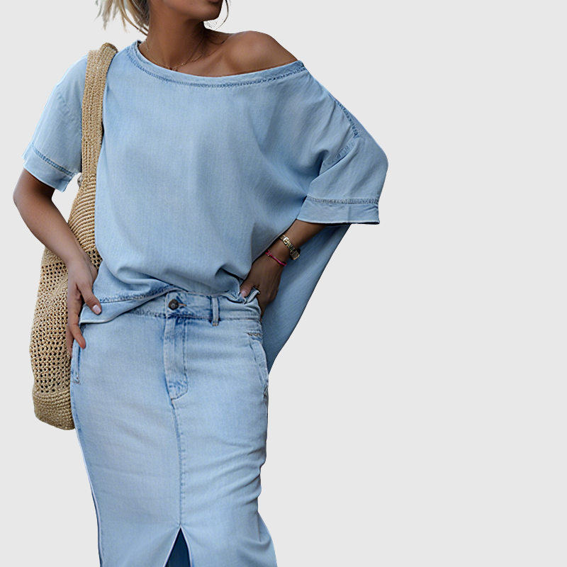 Venise | Dámský top s asymetrickými rameny a rozparkovou džínovou maxi sukní