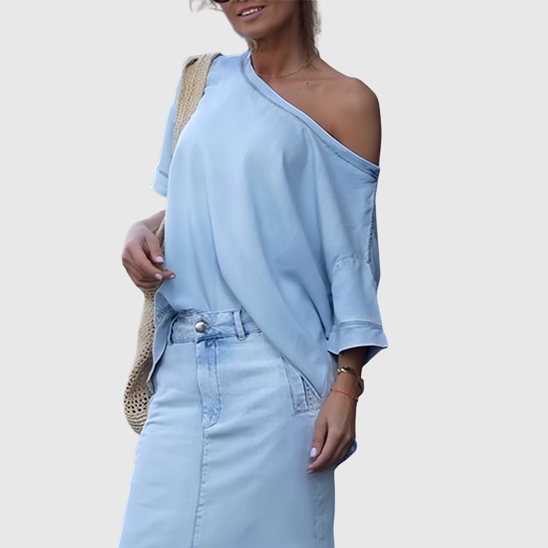 Venise | Dámský top s asymetrickými rameny a rozparkovou džínovou maxi sukní