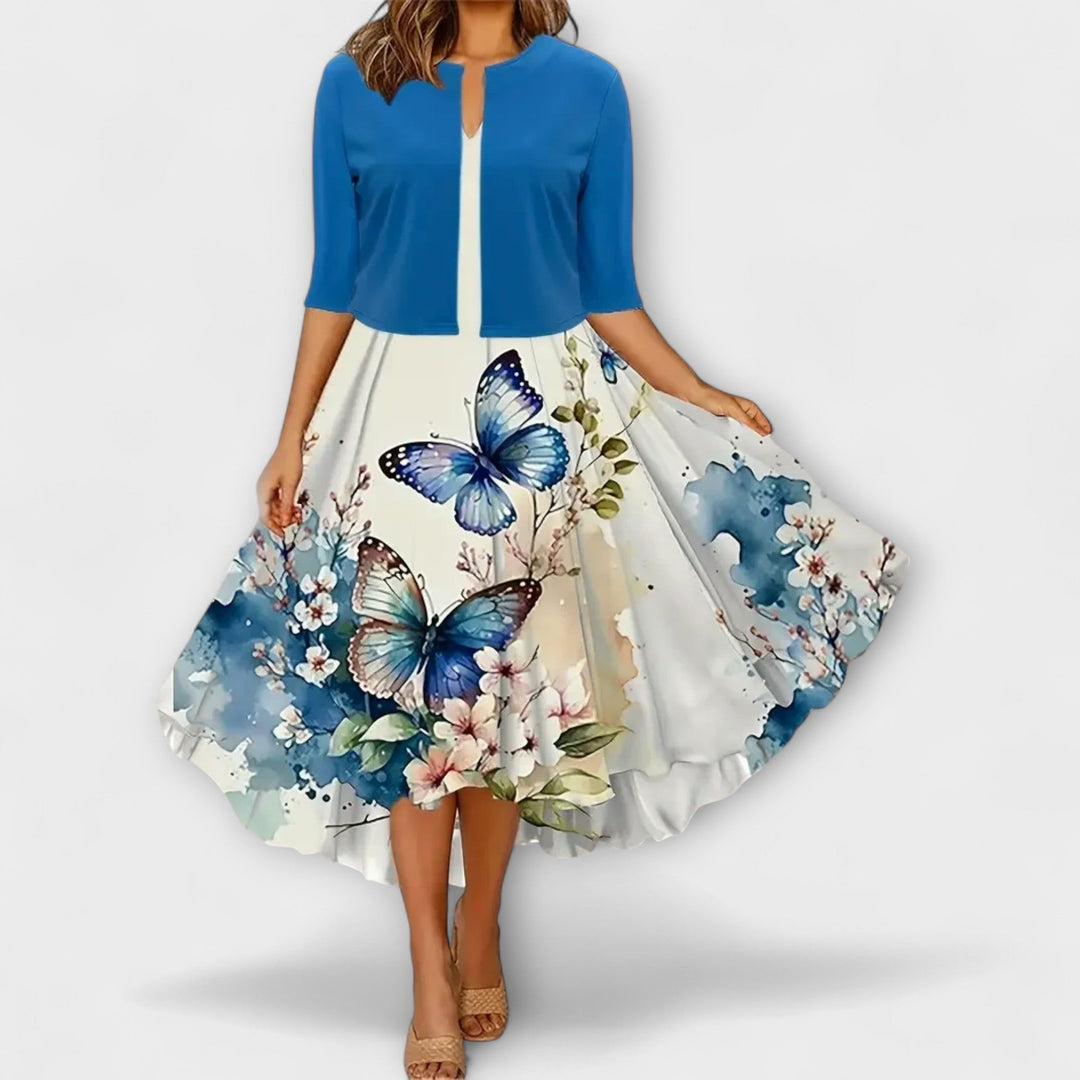 Božetěška | Květinové midi šaty s ladícím přehozem