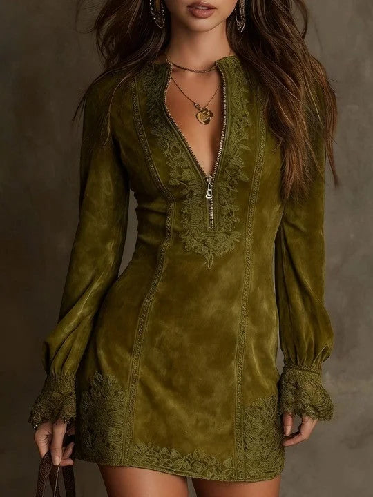 INA – semišové mini šaty s krajkou